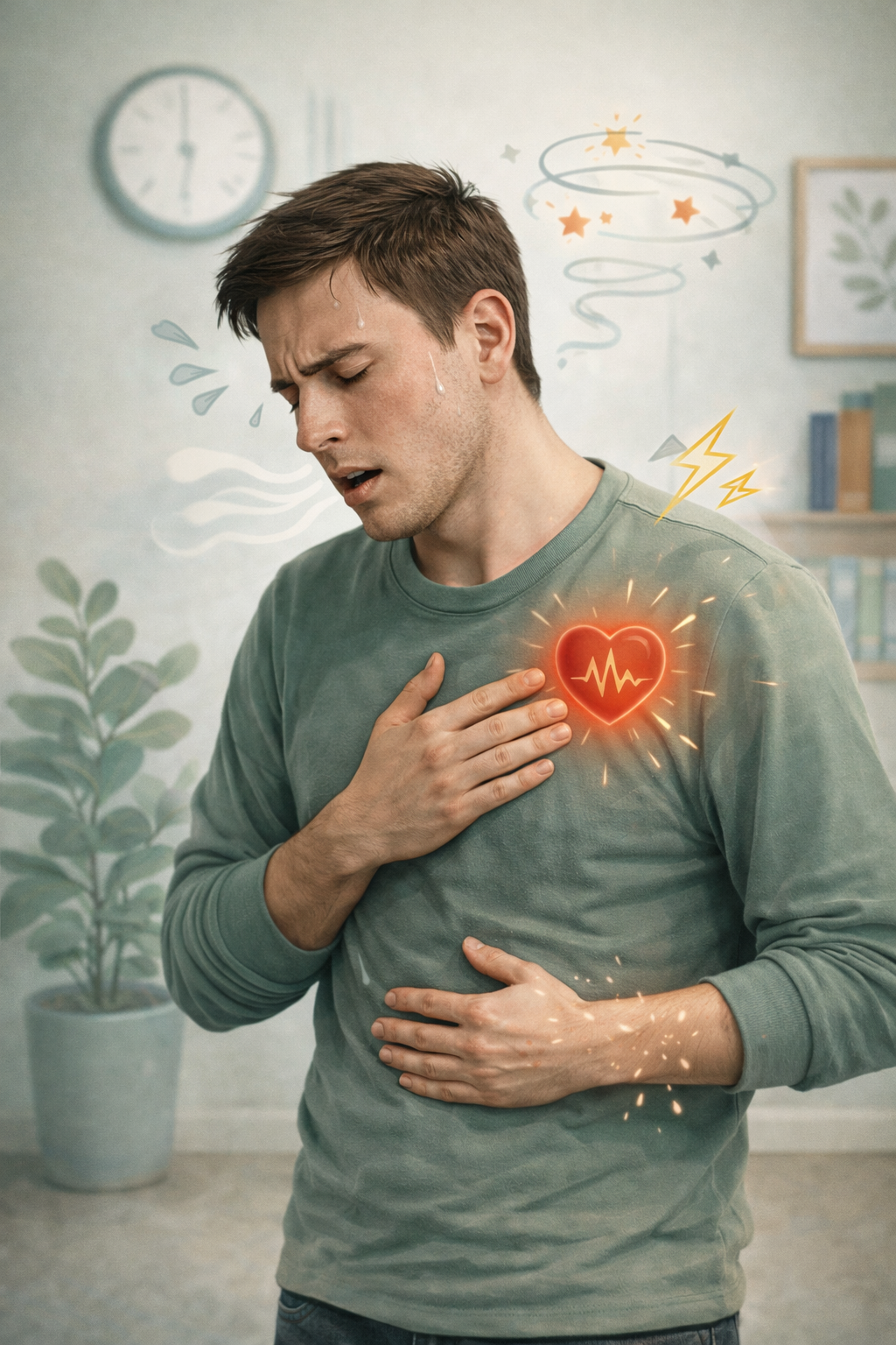 Persona con síntomas físicos de ansiedad como taquicardia y dificultad para respirar en consulta psicológica en Murcia.